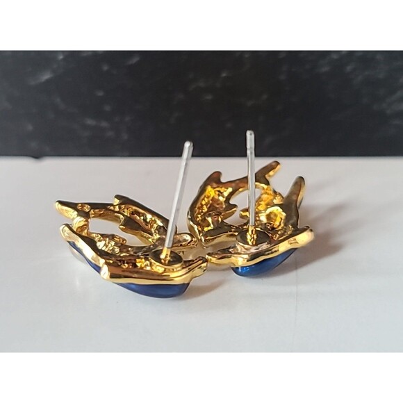 Dolphin Enamel Rhinestone Stud Earrings Vintage Costume Jewelry - Picture 7 of 10